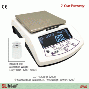 SciLab® [d] 0.01g, max.3200g/6200g Hi-Standard Lab Balance “WiseWeighTM WBA-3200/-6200”, 168×168mm Weighing Plate with Super Size Back Light LCD, Counting Function, Ext-CAL, 2kg Cali. Weight, Various Weight Mode, with Certi. & Traceability 표준 다용도 랩 바란스, g