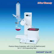 DAIHAN® 0.1~5Lit PREMIUM Rotary Vacuum Evaporator “Eva-05” , Vertical-type, 195mm Auto LiftingWith 2.5Lit Heating Bath(Option 5.5Lit Bath), Up to 200℃, Cooling Surface 1,600cm 2 , 10-Step Immersion Angle 1º~50ºand Automatic Reverse Rotation Function ; Clo