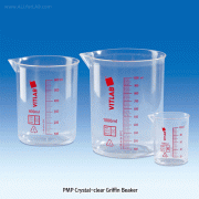 VITLAB® PMP Crystal-Clear Griffin Beaker, with Easily Readable Red-graduation, 10~5,000㎖ Made of Polymethylpentene(PMP), DIN/ISO, Heavy-duty, Uniform Wall Thickness, 180℃ withstand, PMP 고급형 투명 비이커, 적색눈금