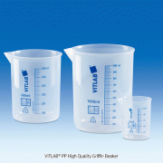 VITLAB® PP High Quality Griffin Beaker, with Blue Raised Graduations, 10~5000㎖ Made of Polypropylene(PP), Autocalvable, DIN/ISO, 125/140℃, PP 고급형 투명 비이커, 청색눈금