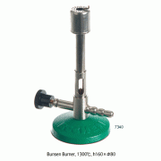 Bochem® Bunsen Burner, with Needle Valve / Air Regulator/Pilot-flame, 1300℃ for Propane-gas, 2030kcal/hr(2.36kW), h 160×Φ80mm Base/Non-Slip Rubber Coated, 분젠버너