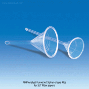 VITLAB® PMP Spiral-shape Ribs Analyst Funnel, Long-stem, Φ51~Φ196mm, 30~1,800㎖ with Int-Ribs and Ext-Ridges for Rapid Filtration/60°Angle, Crystal-Clean, Autoclavable, 0℃~+150/180℃, PMP 투명 분석용 펀넬