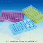 SciLab® PP 2×96-hole 0.5＆1.5/2㎖ Microtube Reversible Storage Box, with Translucent PC Lid with 192-hole(2×96), Alpha-Numeric Index, Hole Φ8 & 11.4mm, 125/140℃, 2×96 홀 양면 저장 박스, 상/하 양면용