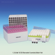 CryoTainTM 1.2~5㎖ 1D & 2D Barcoded Sterile Cryovials & PC Rack-Set, 81 External Thread Cryovials Free of DNase / RNase- & Endotoxin, 1D Barcode in the Rack, -196~+121℃, 1D & 2D 바코드 멸균 냉동 바이알과 랙 Set